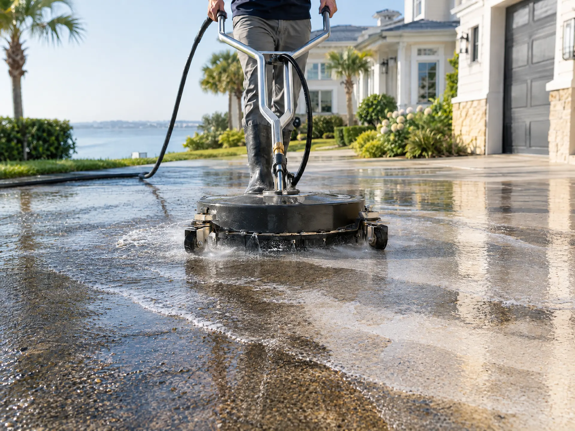 Professional pressure washing a residential driveway in Virginia Beach
