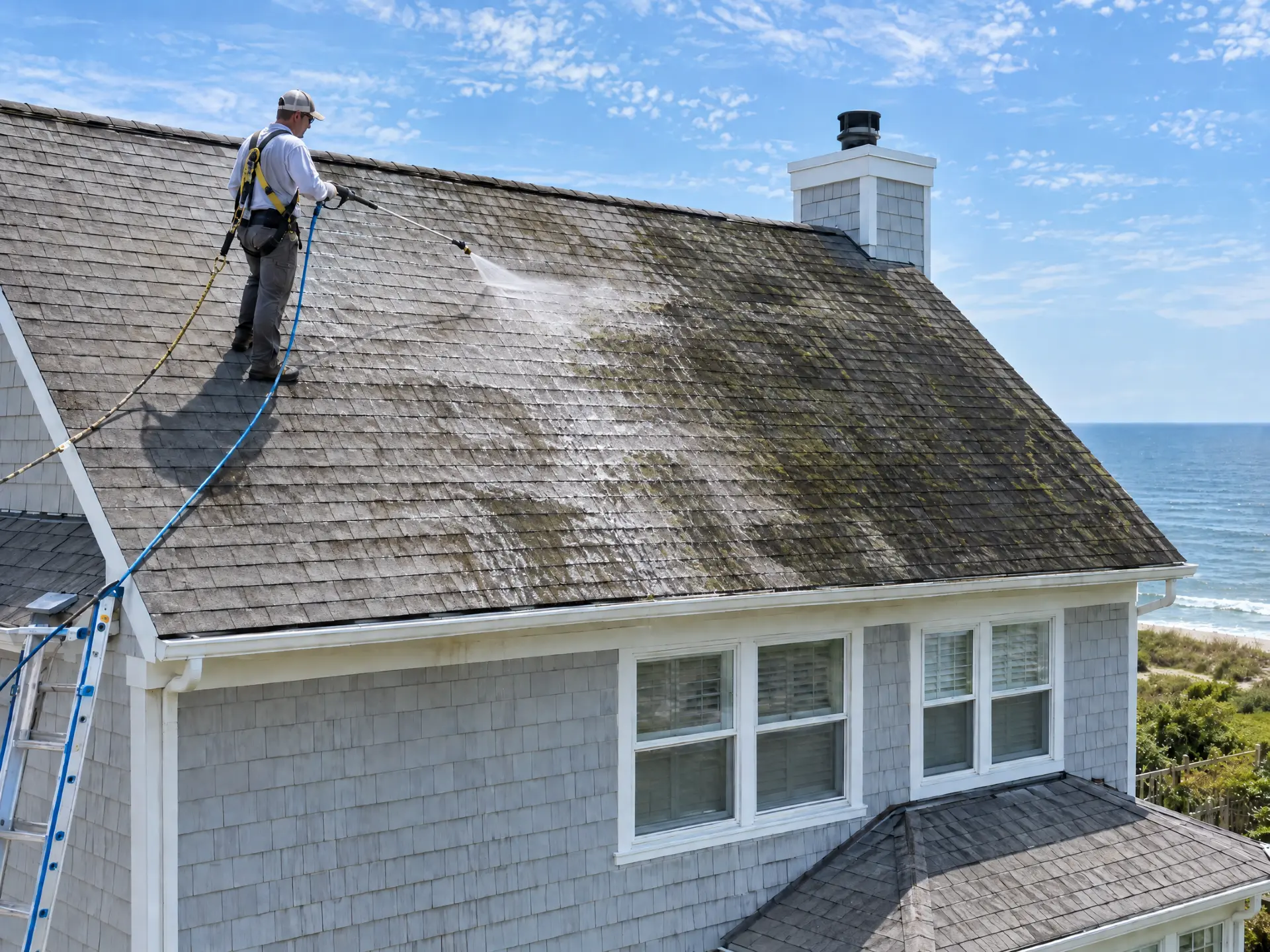 Technician soft washing a coastal Virginia home roof to remove black algae streaks