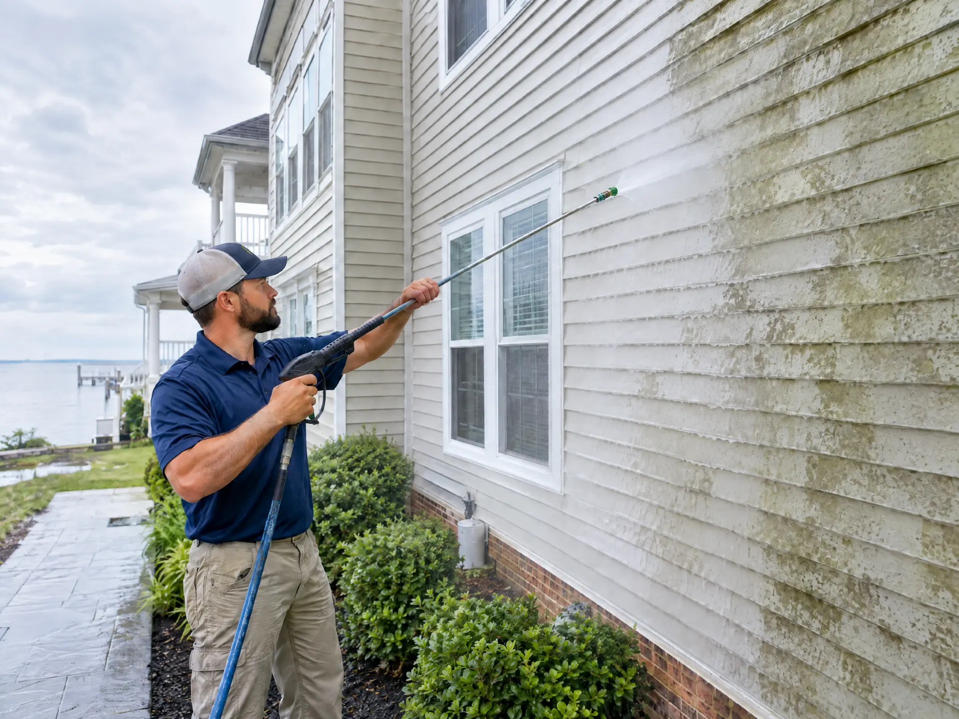 Driftwash technician soft washing algae from home siding in Virginia Beach